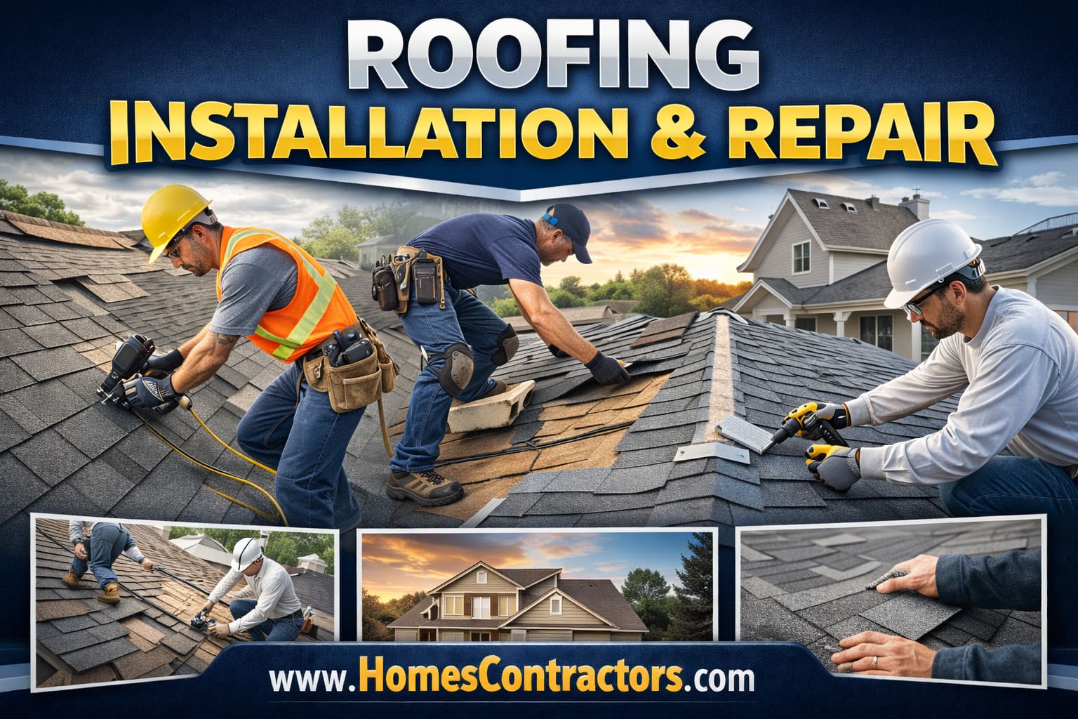 Roofing contractors installing asphalt shingles on a residential home